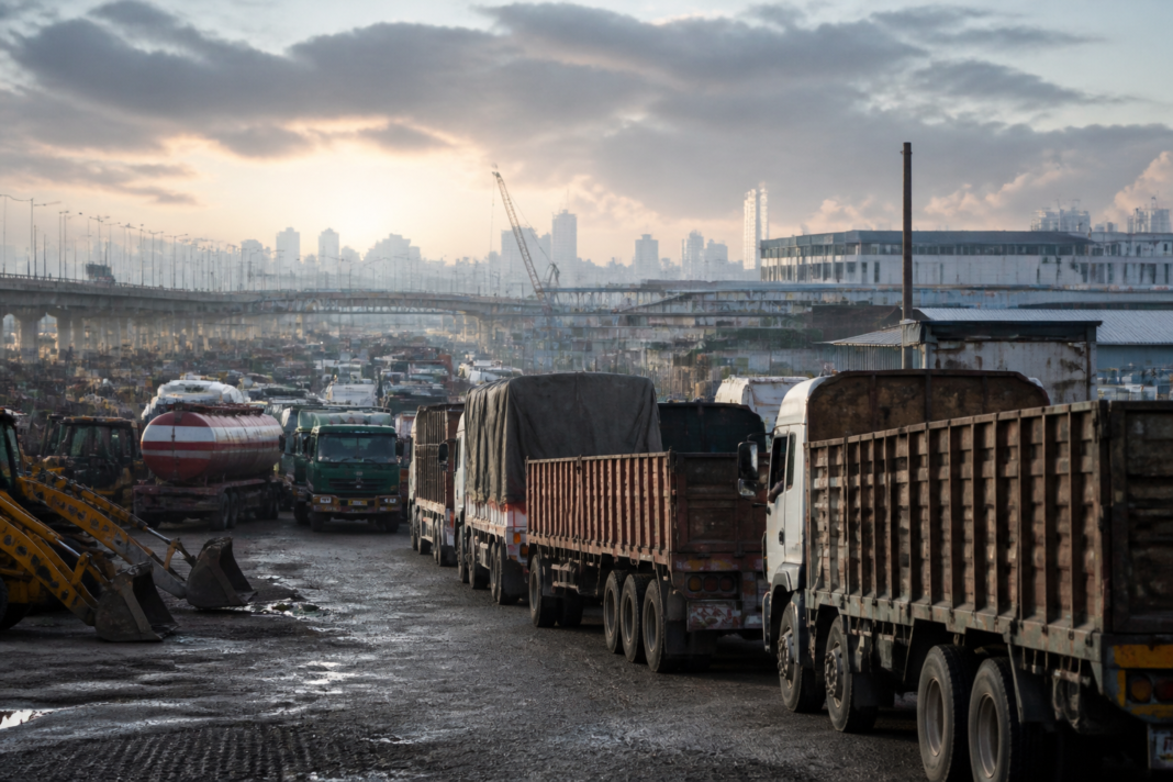 Diesel prices rise as fuel trucks queue near an urban logistics depot amid global supply disruptions.