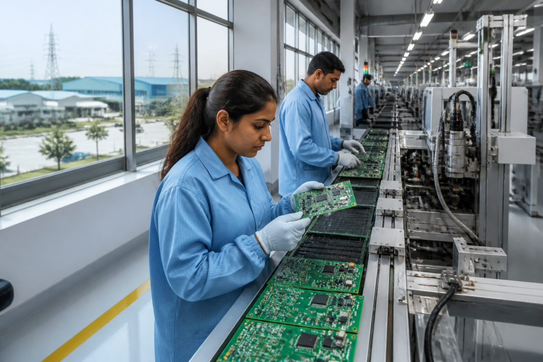 India-China electronics supply chain represented by an Indian electronics factory producing circuit-board assemblies.
