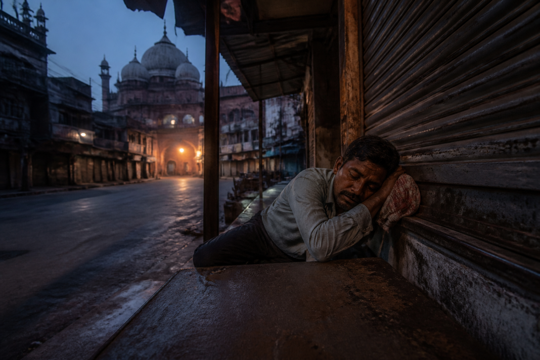 Delhi High Court labourers case linked to an urban worker resting outside a Chandni Chowk market shop