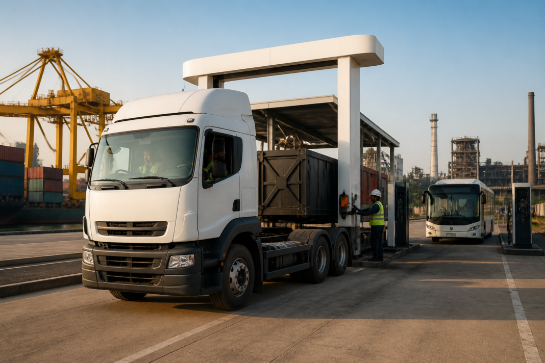 Electric truck financing model shown with an electric freight truck at an industrial facility
