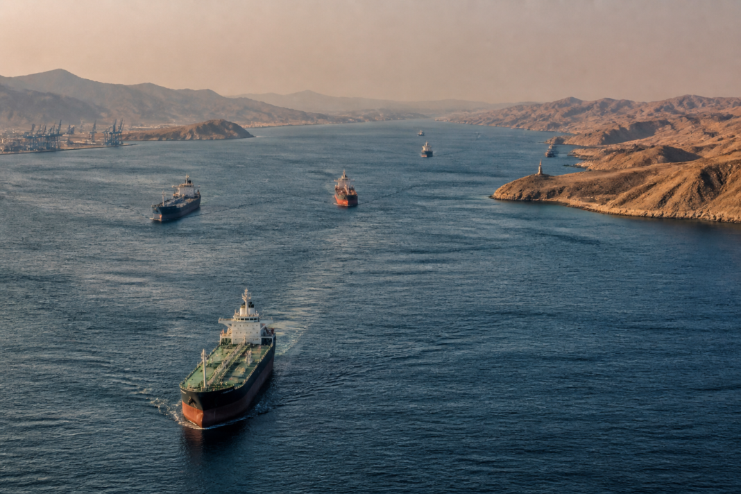 Hormuz Strait shipping route with oil tankers moving through a tense maritime corridor