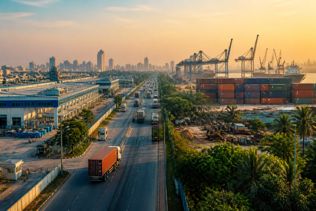 India China+1 strategy shown through an Indian industrial corridor with a container port and electronics factory.