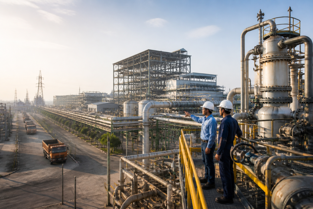 Lithium processing in India represented by an industrial mineral processing facility and battery manufacturing infrastructure.