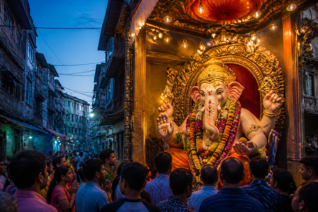 Kamathipura Ganeshotsav mandal and a large Ganesh idol in a South Mumbai lane