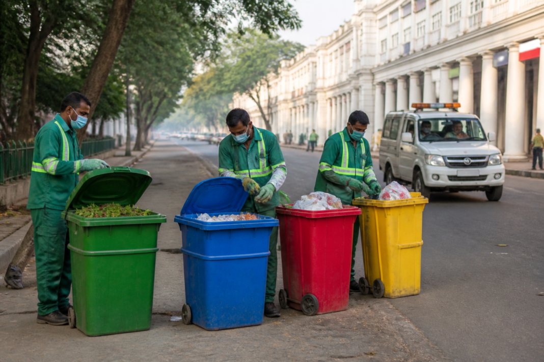 NDMC user charges and waste collection activity on a New Delhi street