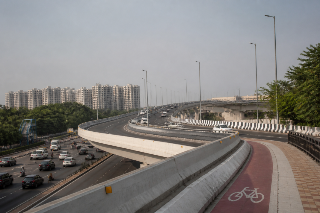 Barapullah Phase III corridor crossing Delhi with elevated road lanes and adjoining urban traffic