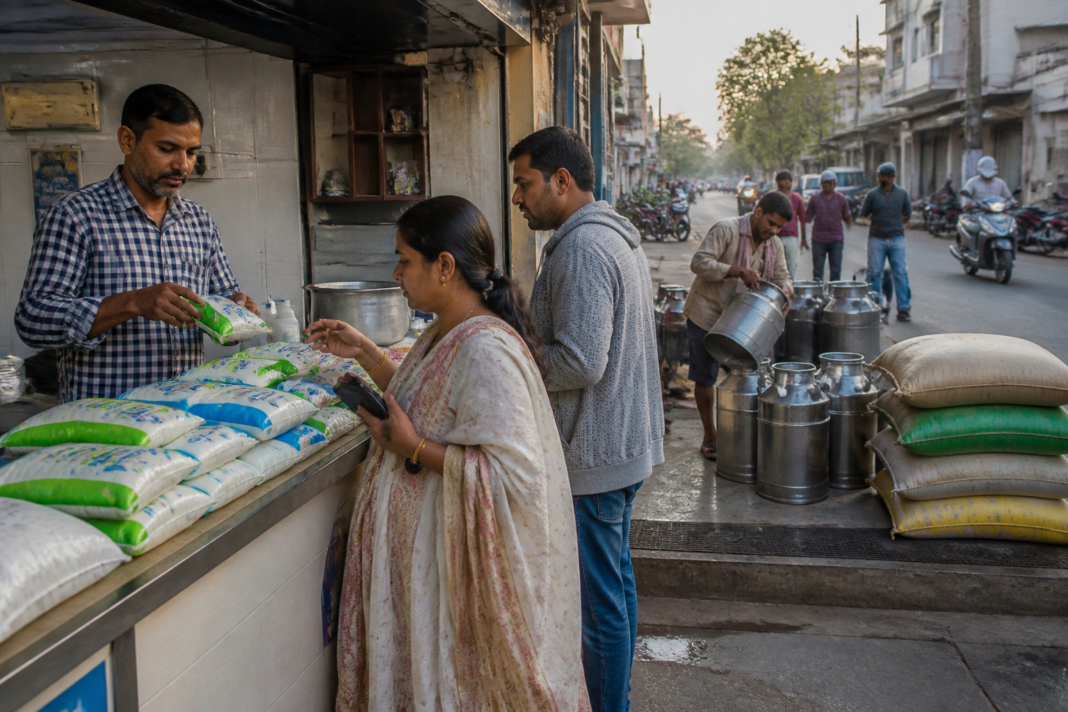 Nandini milk packets displayed at a dairy outlet amid a proposed Karnataka milk price hike.