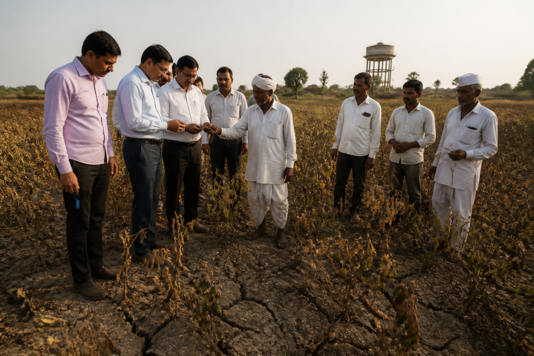 Maharashtra drought response officials inspecting crop damage in a parched rural field