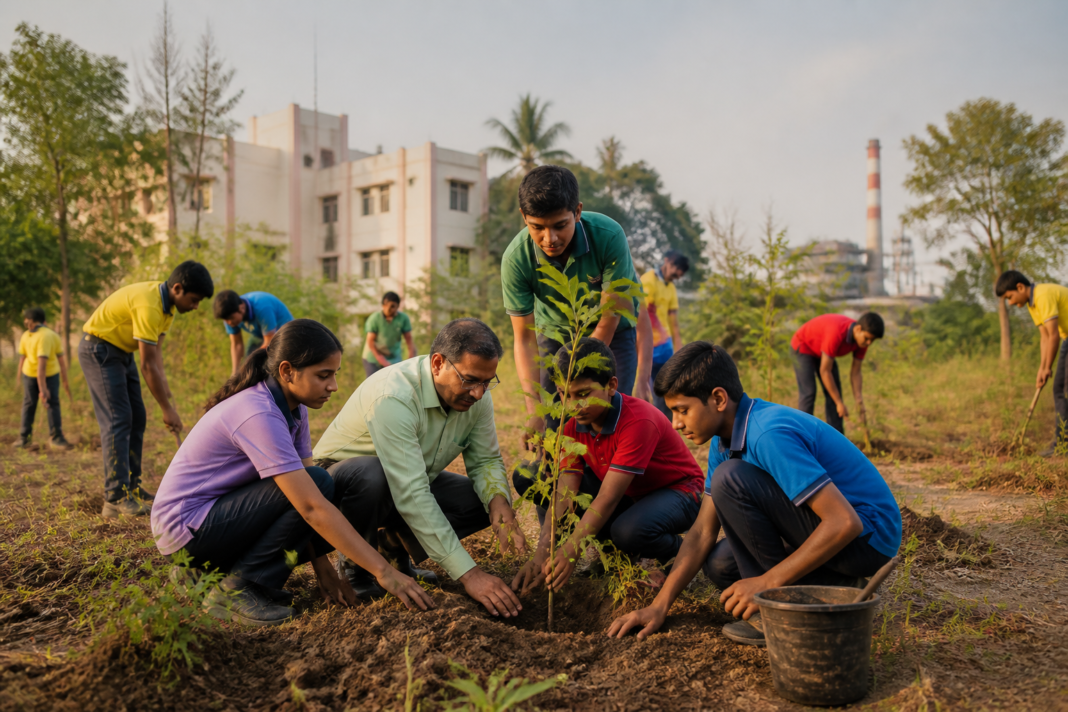 Chennai tree plantation initiative represented by a sapling held at a school launch event
