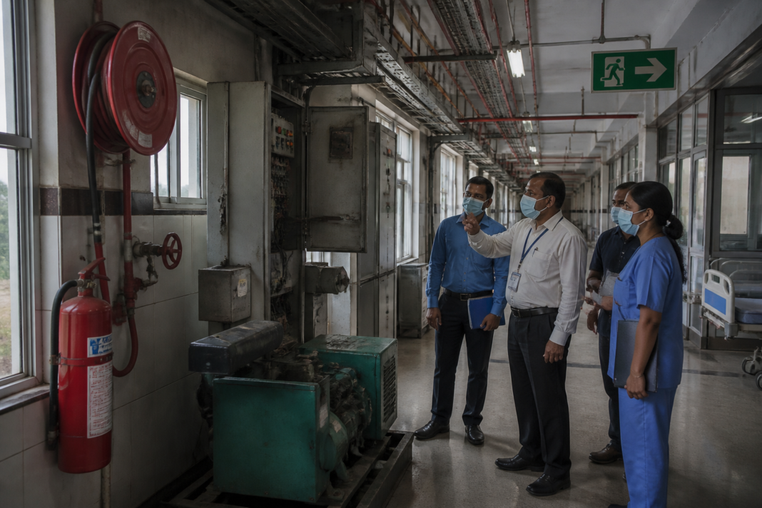 Telangana hospital safety inspection inside a government hospital corridor