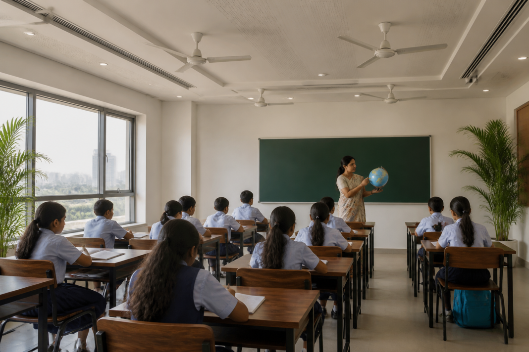 Indoor air quality in a modern school classroom with students and visible ventilation systems