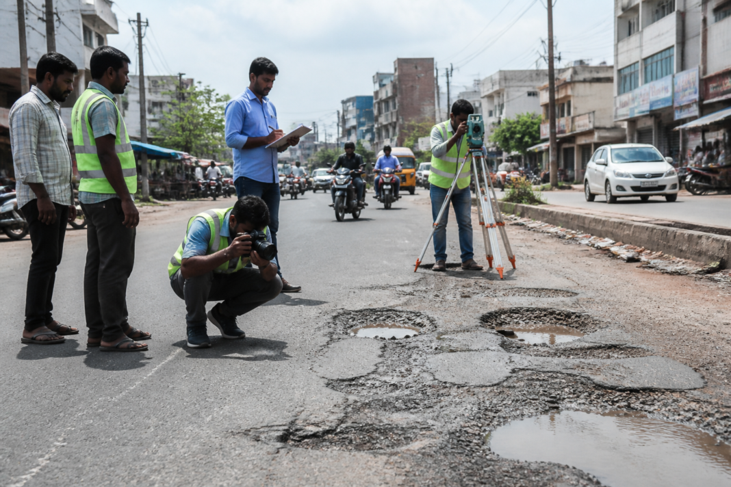 Tamil Nadu road projects being assessed for potholes and resurfacing by municipal authorities.