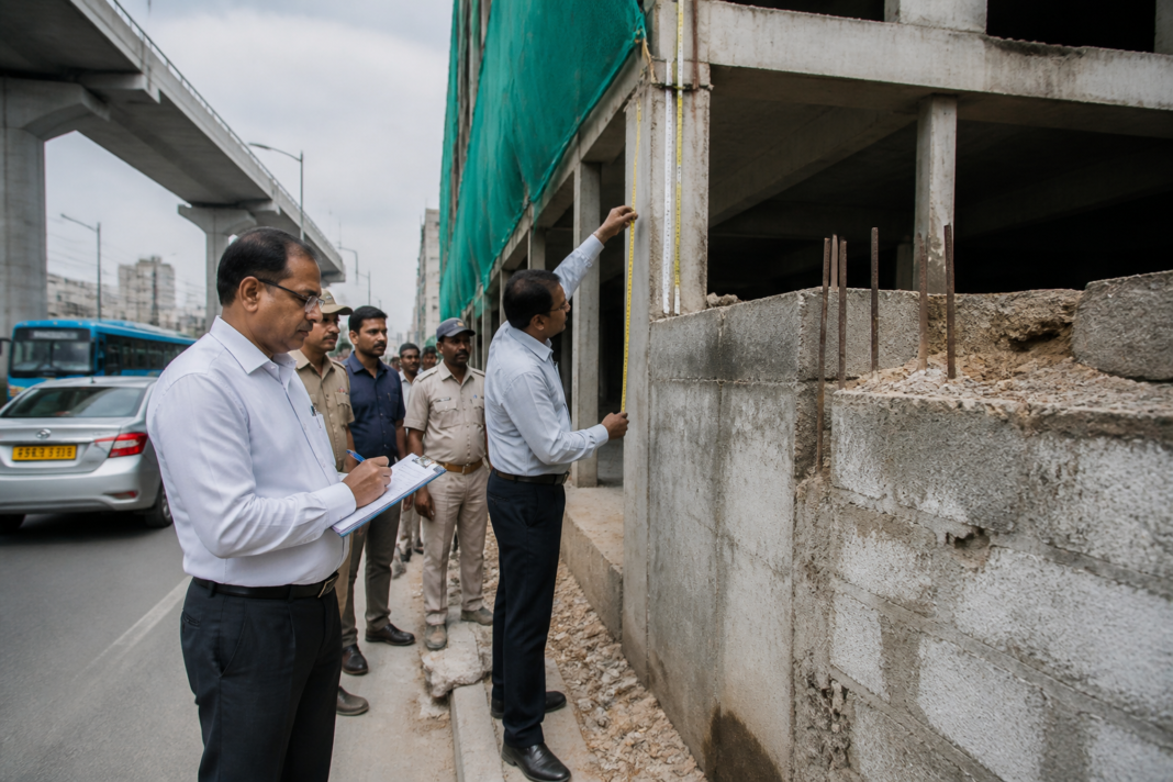 Domlur setback violation inspection area with Bengaluru buildings and a blocked footpath