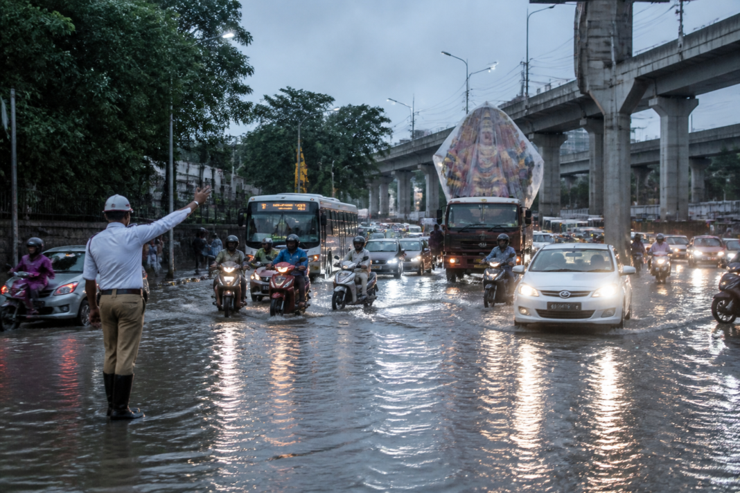 Hyderabad traffic moving slowly on a waterlogged road during rain and Ganesh idol immersion.
