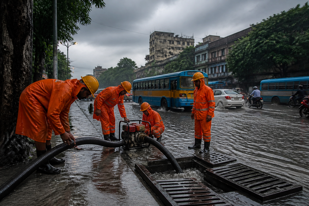 Kolkata heavy rain preparations with municipal workers and pumps at a waterlogging hotspot