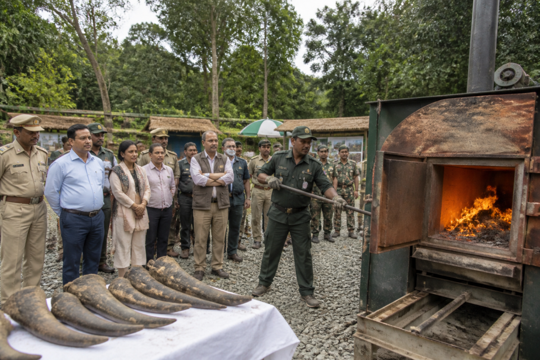 Terai-Dooars wildlife conservation event with seized rhino horns prepared for destruction in Alipurduar