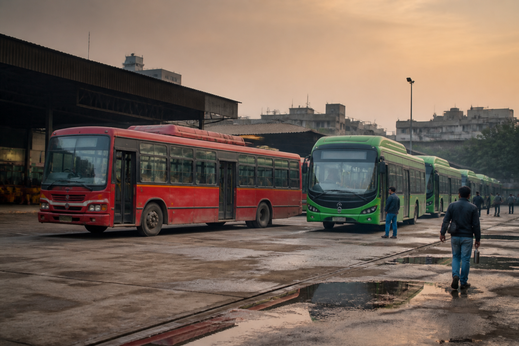 DTC bus fleet transition with a red Delhi bus at a city depot