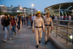 Delhi Pink Force personnel patrolling near a metro station for women’s safety