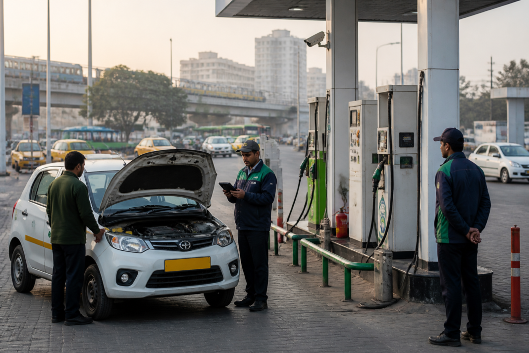 CNG cylinder hydro test certificate checks at an IGL refuelling station in Delhi-NCR
