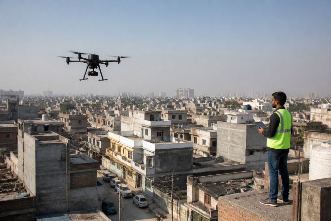 MCD drone survey mapping properties in a Delhi residential neighbourhood