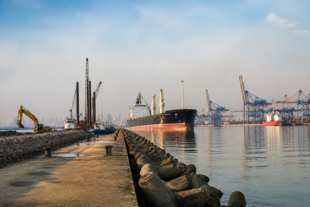 Environmental clearance for ports shown through a large Indian cargo port with cranes and marine infrastructure.