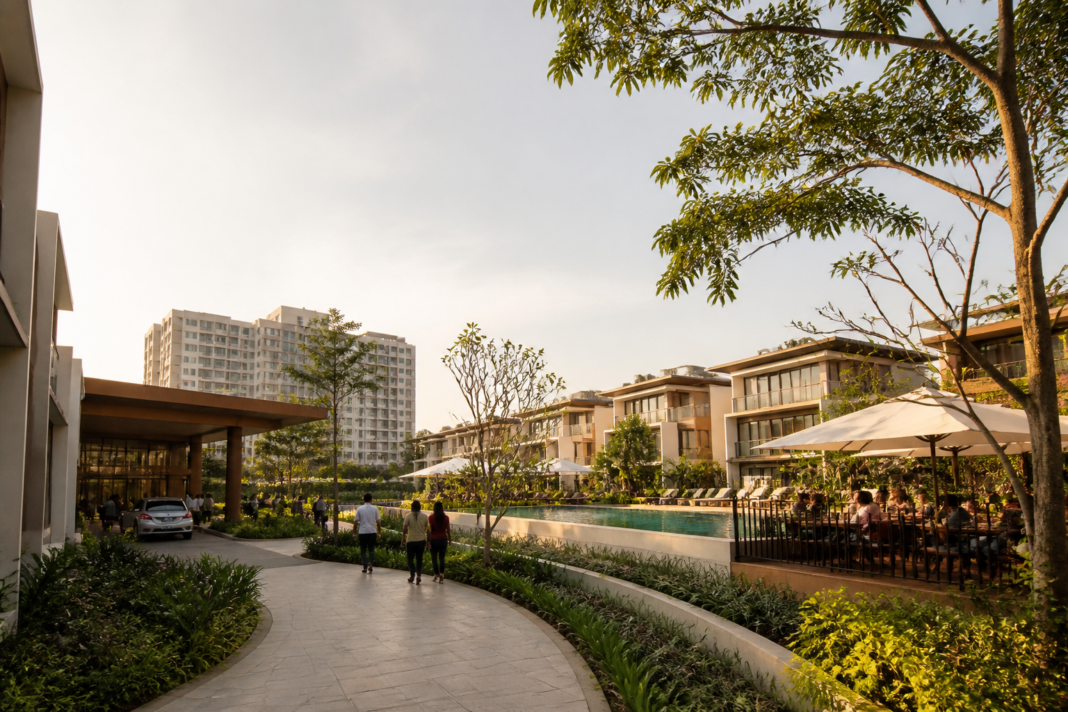 Hospitality-led real estate project combining resort villas and landscaped leisure spaces near an Indian metro