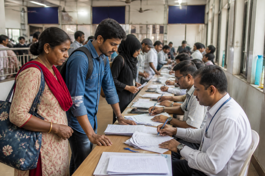 Mumbai voter registration camps at a civic office with residents completing electoral forms