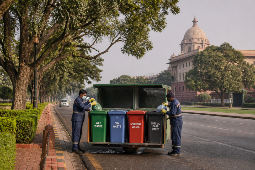 NDMC waste management workers collecting segregated waste in New Delhi