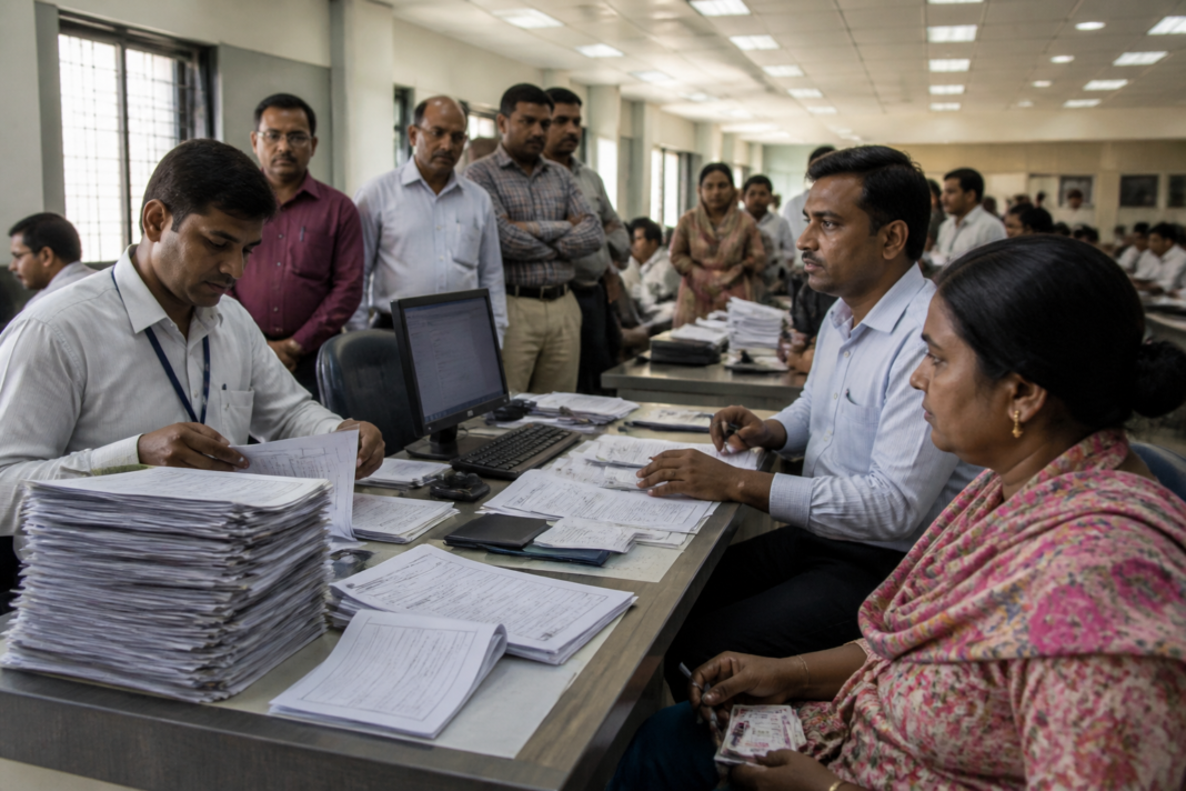 Delhi voter list revision documents being processed at an electoral office
