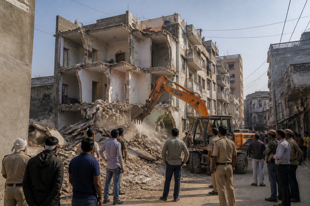 MCD demolition drive targeting unauthorised construction in a Delhi neighbourhood