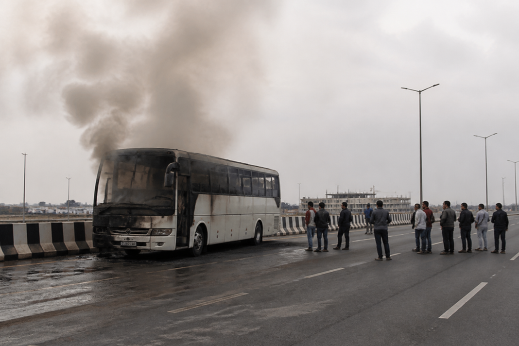 Yamuna Expressway bus fire with smoke rising from a passenger bus near Noida