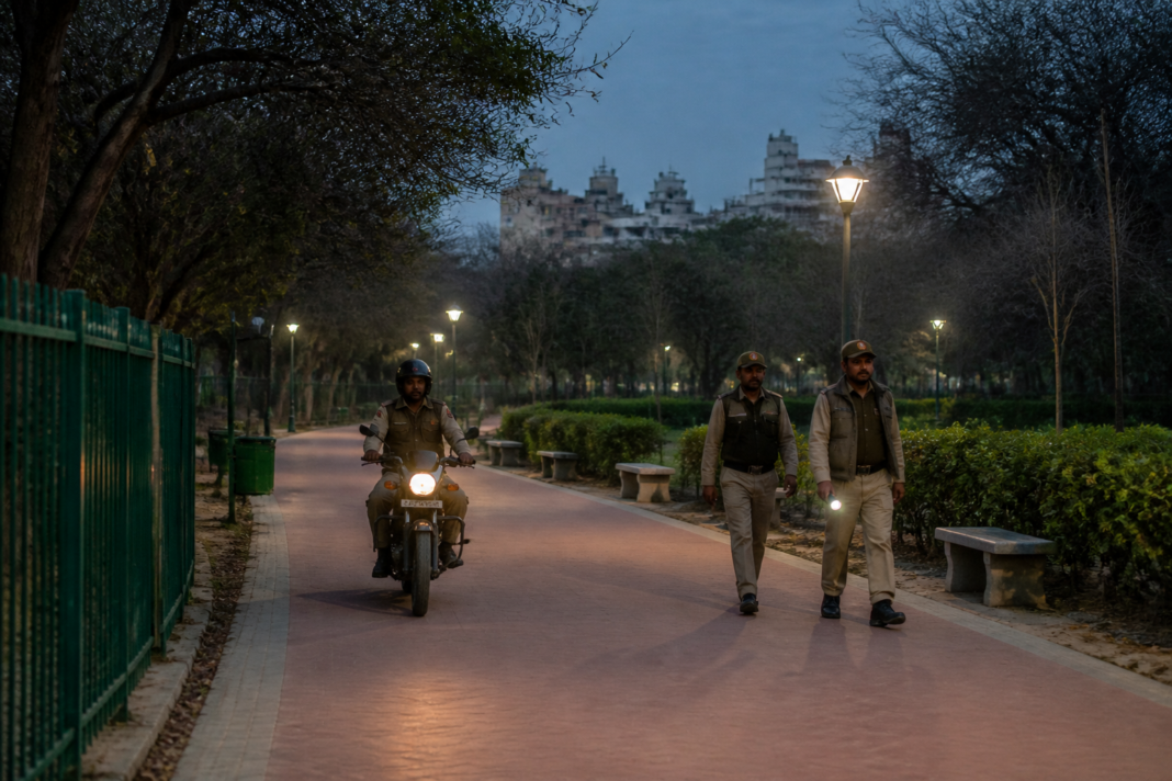 Aastha Kunj Park security patrols near a darkened park pathway in south Delhi