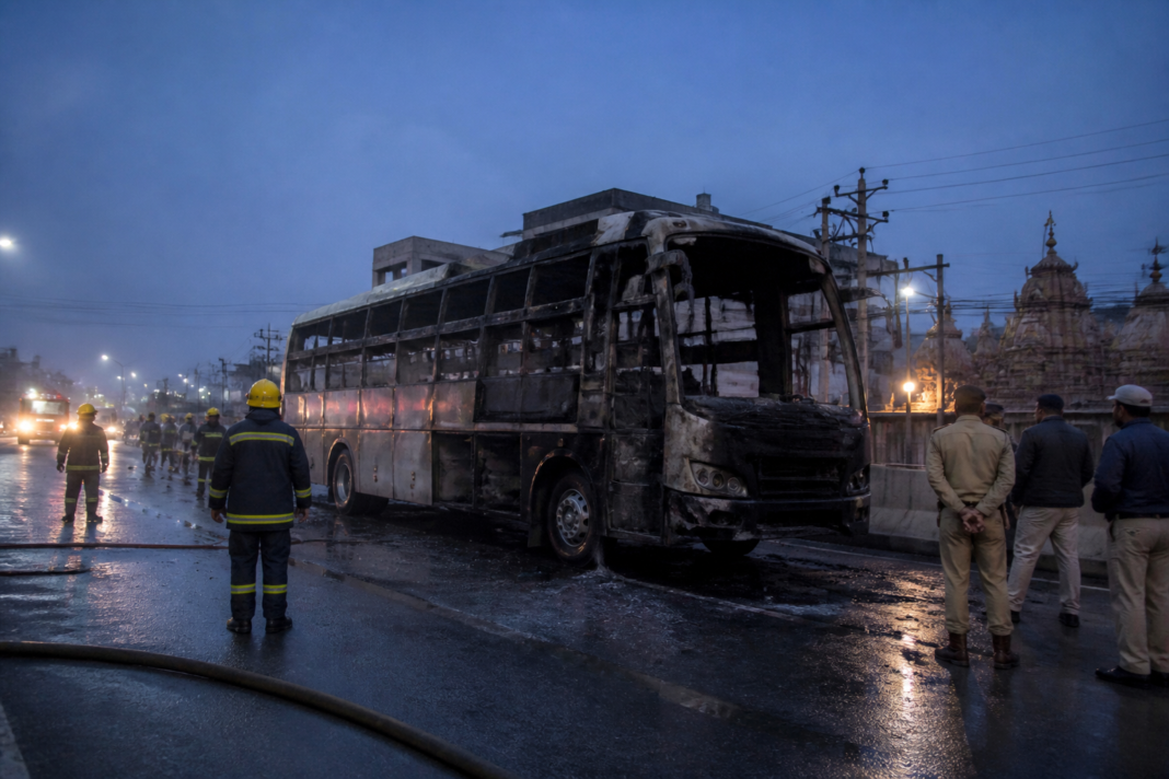 Fire-damaged private bus near Karmanghat in Hyderabad after passengers escaped safely