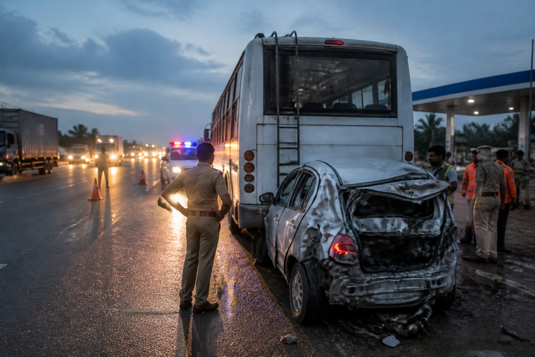 Perambalur road accident site near a highway petrol station with damaged vehicles and emergency response