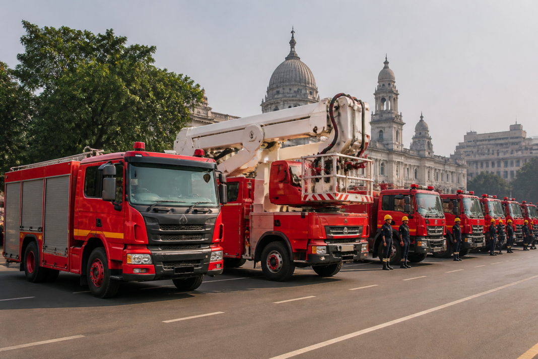 Bengal fire services tenders lined up during a fleet flag-off ceremony in Kolkata