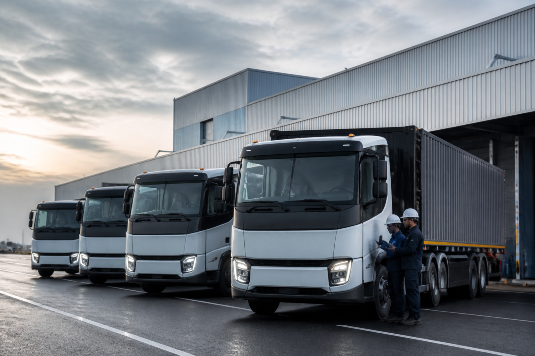 JSW electric trucks at an industrial freight facility in India