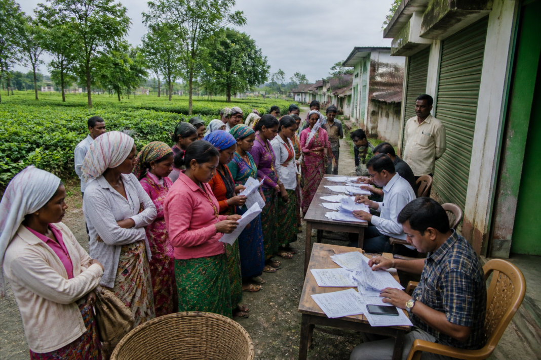 FAWLOI assistance forms being distributed to tea workers at a closed Alipurduar estate