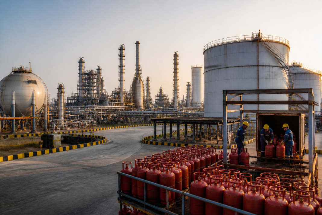 LPG production in India at a refinery supplying cooking-gas cylinders