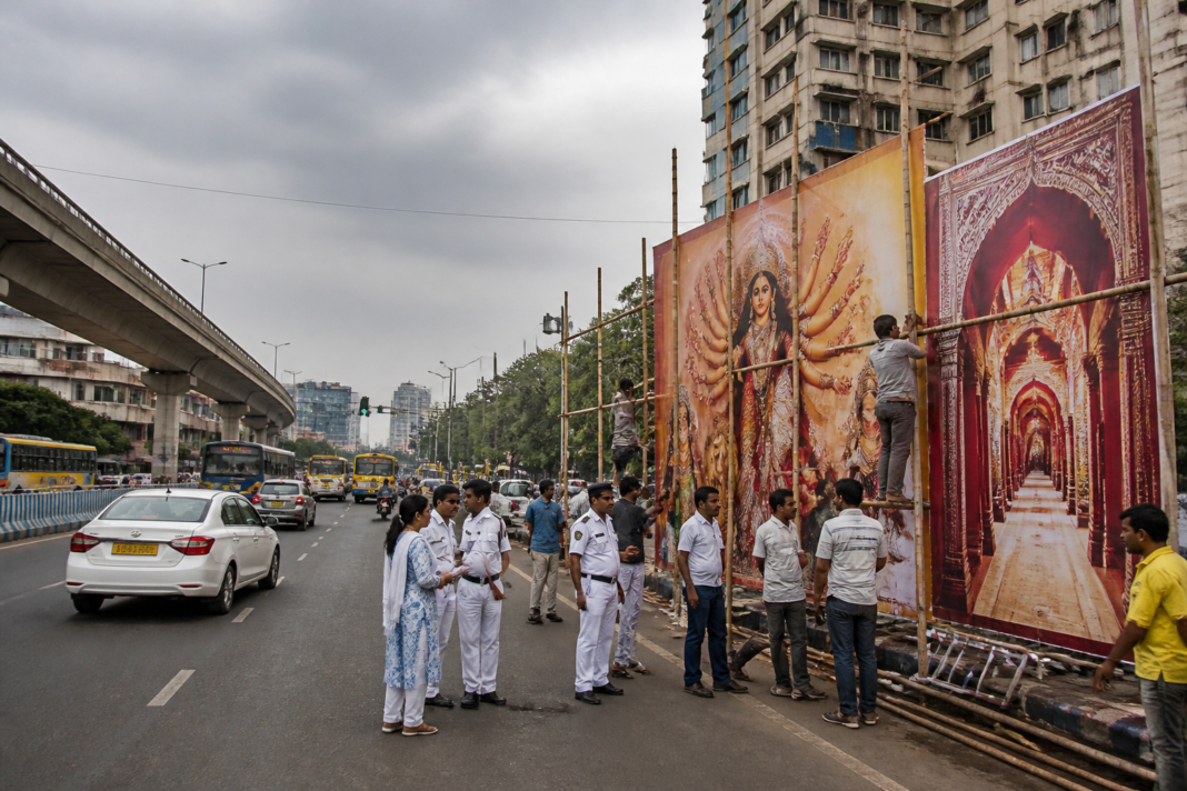 EM Bypass Puja hoardings beside Kolkata traffic lanes under KMC safety rules