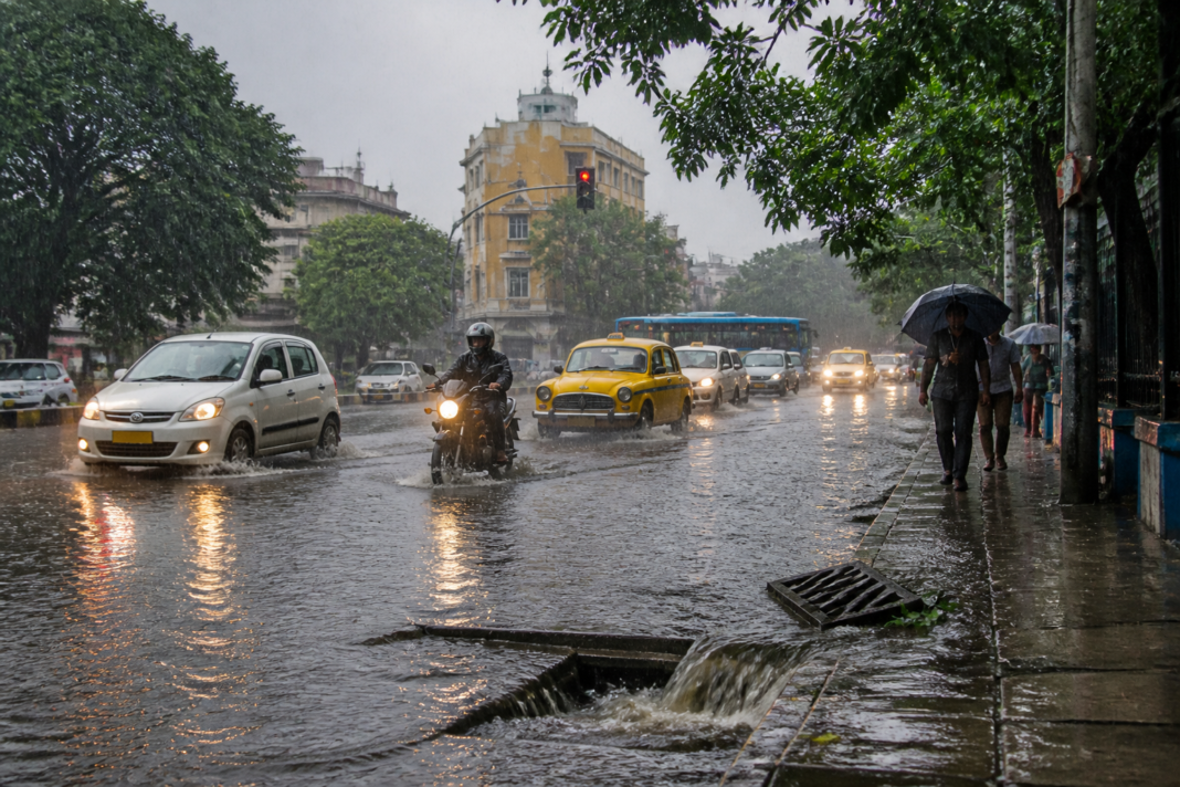 West Bengal rain forecast showing heavy rain over a Kolkata street during a storm