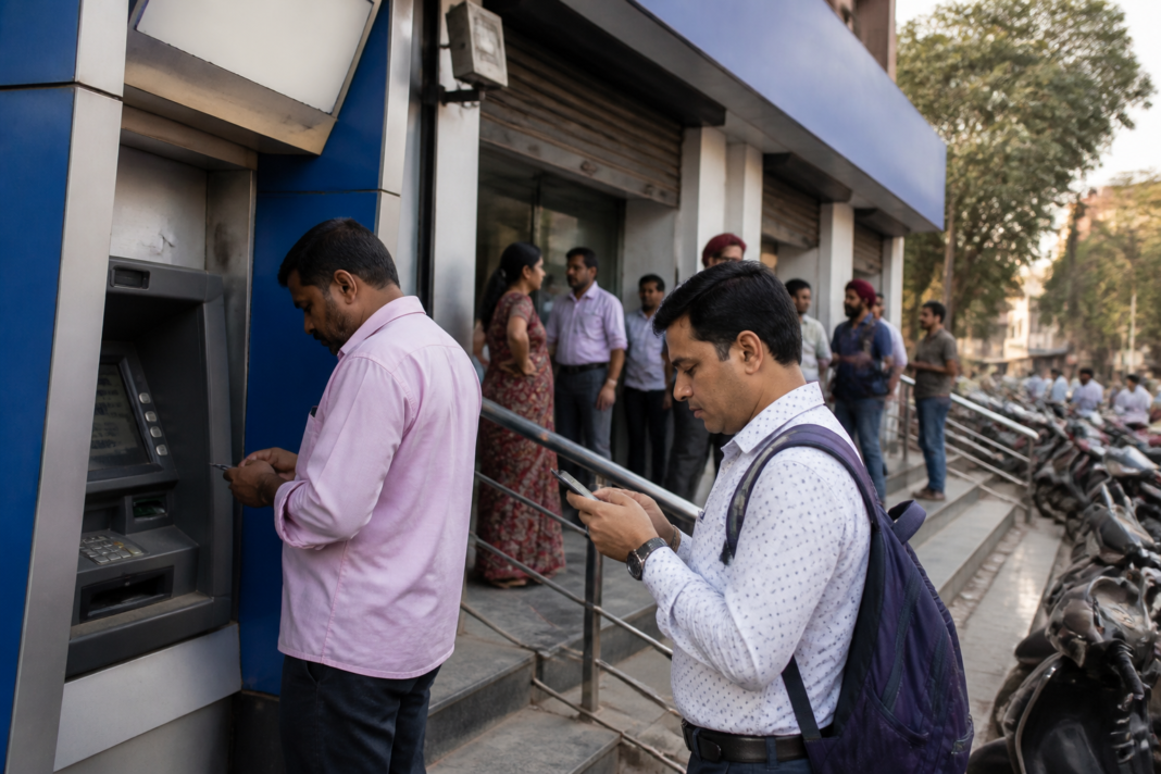 Bank strike notice and digital banking services on a smartphone in India