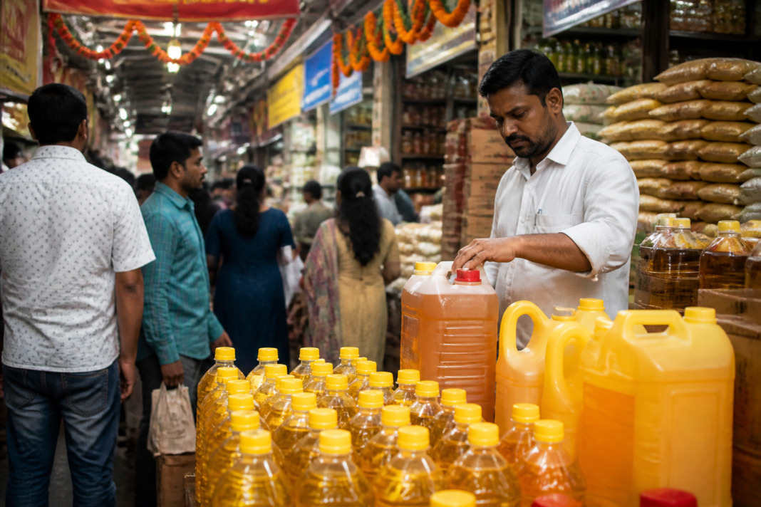 Edible oil import duty cut affecting cooking oil bottles in an Indian market