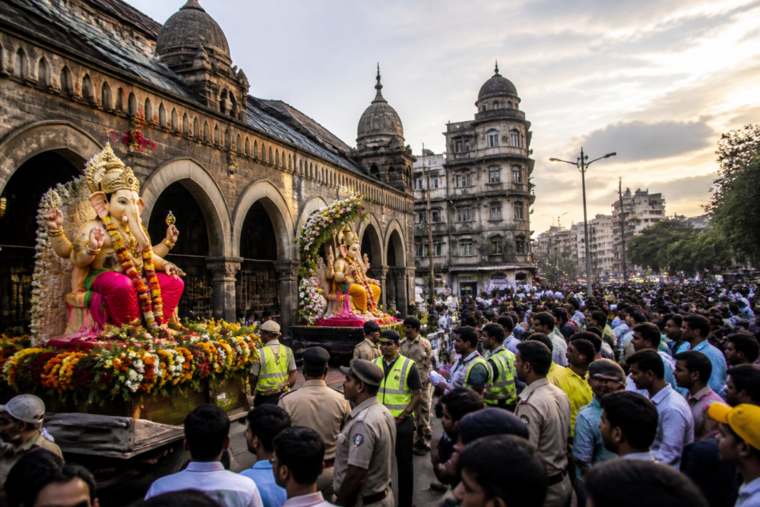 Pune Ganesh Visarjan procession with civic officials and Ganesh mandals at Mahatma Phule Mandai