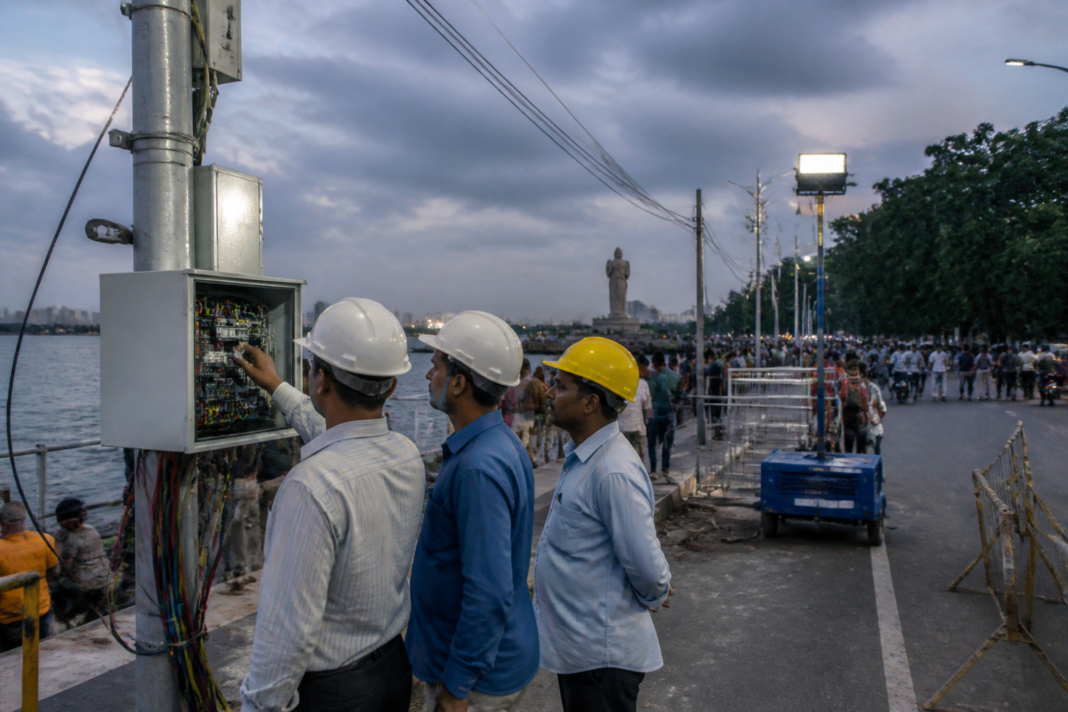 Hyderabad Ganesh immersion preparations near Tank Bund with electrical infrastructure and crowd-safety arrangements