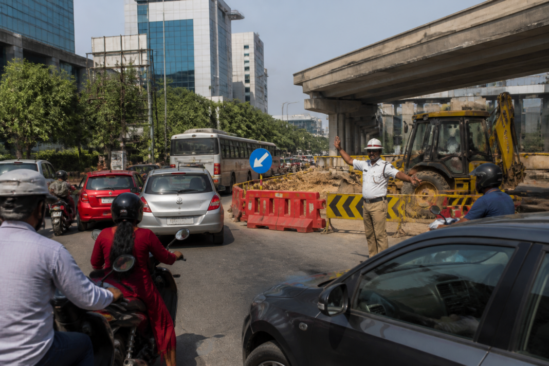 Khajaguda traffic diversions near a Hyderabad junction during roadworks
