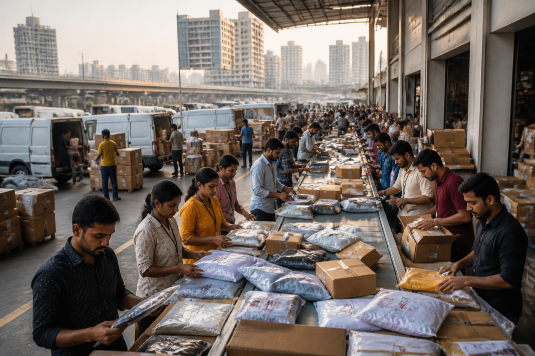 Seasonal jobs supporting e-commerce fulfilment and delivery at an Indian logistics centre