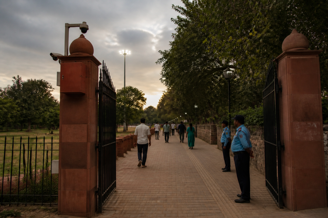 Delhi park safety audits examining lighting, CCTV and boundary walls in a public green space