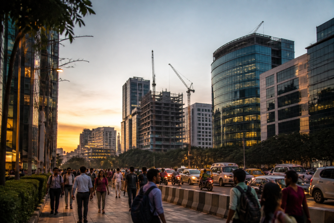 Bengaluru startup funding represented by a technology district with offices and city infrastructure.