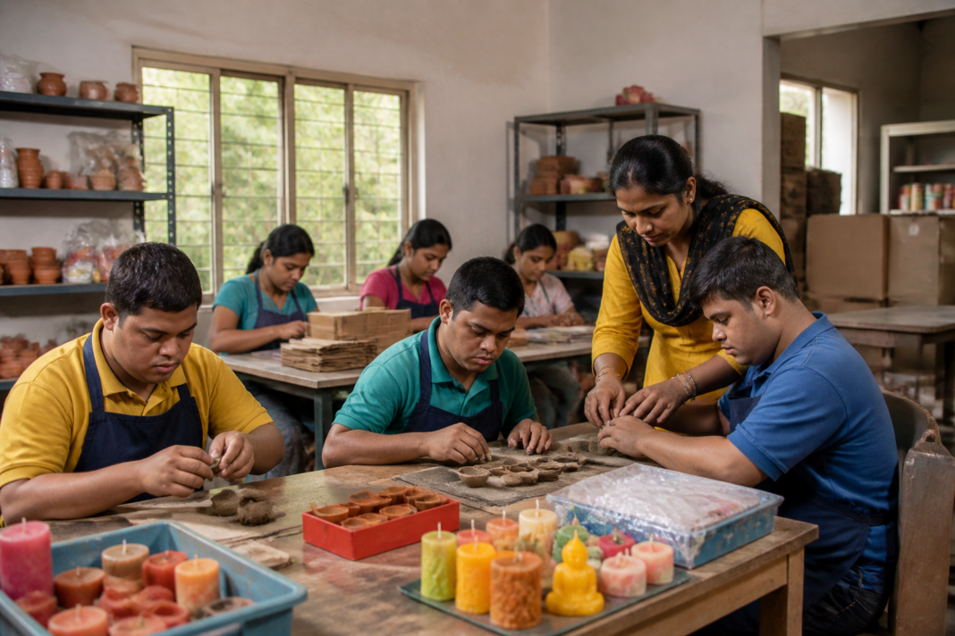 Special children vocational training in Thane with students making handmade products at Ubhari workshop
