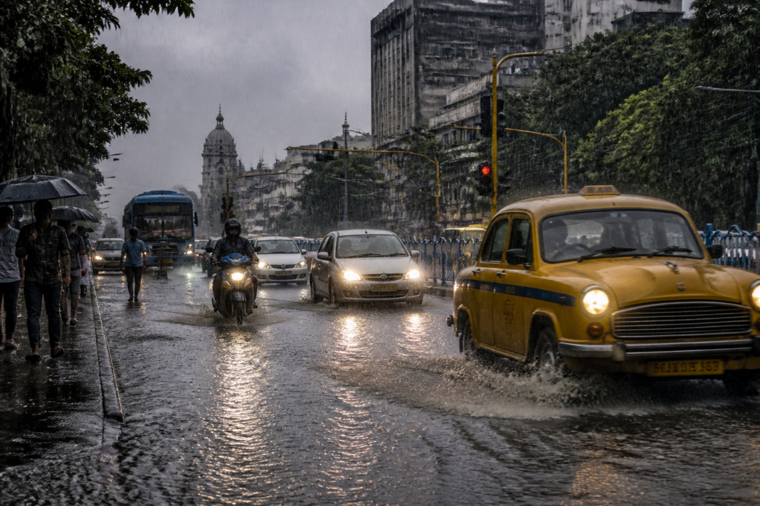 Kolkata rain alert showing waterlogged roads during heavy monsoon rainfall